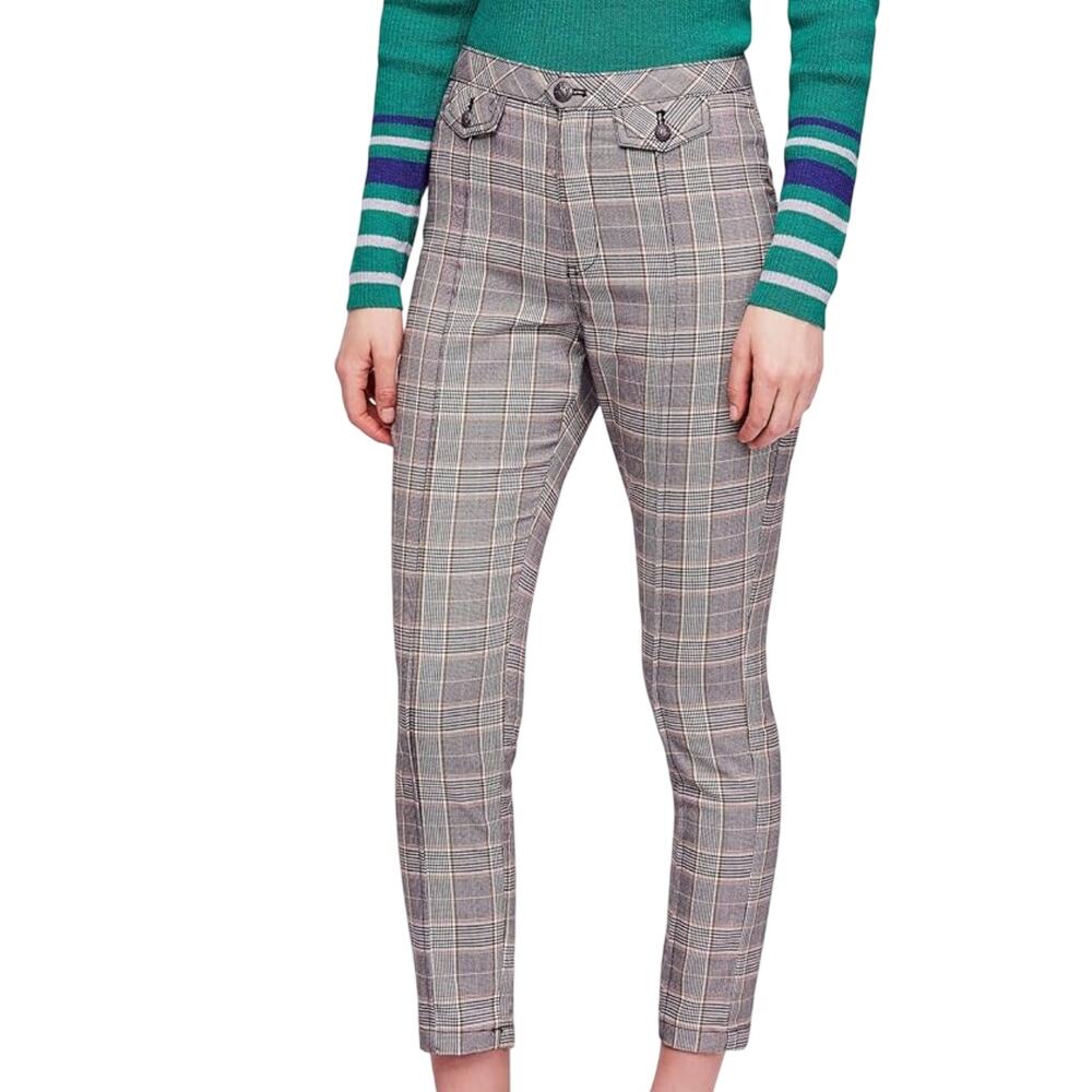 Free‎ People Winsor Plaid Dress Pants Houndstooth Black Tan Academia Preppy 8